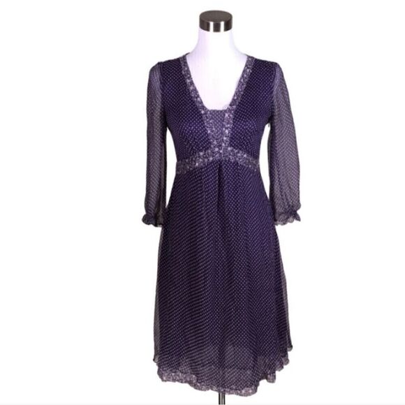 MARELLA SPORT 100% Silk Chiffon Polka Dot Flowy Dress Purple White Size 8 - Picture 1 of 13